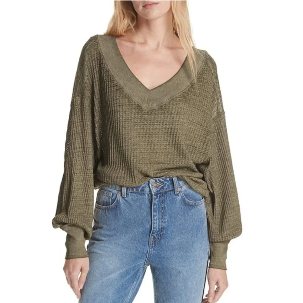 Free People South Side Thermal Top Green Size Small